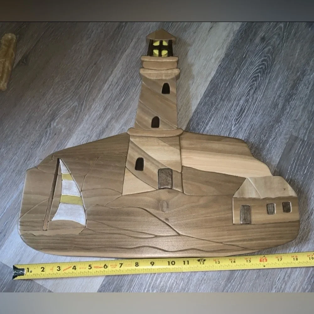 Wooden Lighthouse Sailboat Wall Art Handmade Natural Wood Browns Sculpture